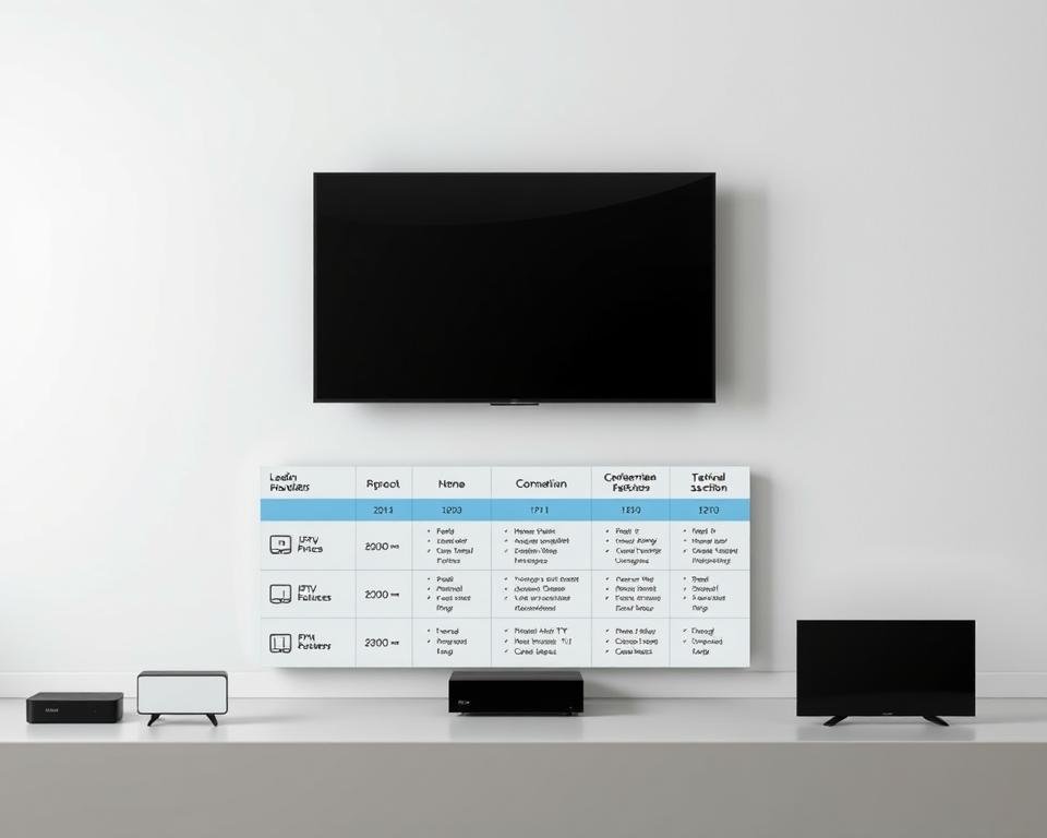 A detailed comparison of leading television service providers in the Netherlands, showcased against a modern, minimalist backdrop. In the foreground, sleek icons and simplified visuals representing the key features and offerings of each major IPTV provider. In the middle ground, a clean, organized grid layout highlighting the pricing, channel selections, and service packages. The background features a subtle gradient or texture, creating a sophisticated, high-tech ambiance. Bright, natural lighting casts an even, professional glow across the entire scene, emphasizing the clarity and quality of the information presented. The overall mood is one of authority, trustworthiness, and consumer-focused insight, perfectly suited to illustrate the "Top Legale IPTV Aanbieders in Nederland 2024" section.