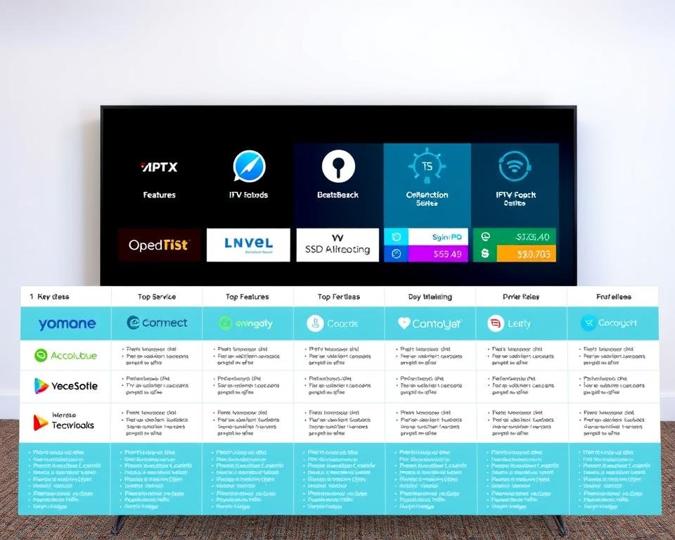 A detailed comparison of the top IPTV providers in the Netherlands, showcased against a clean, minimalist background. In the foreground, arrange a grid of neatly presented service logos, each with a succinct description highlighting key features and pricing. The middle ground should feature a set of informative icons and charts to visually convey the relative strengths and weaknesses of each option. In the background, use subtle, muted gradients to create a sense of depth and professionalism. Employ a cool, neutral color palette with occasional pops of brand-representative hues to maintain a balanced, cohesive aesthetic. Capture this scene with a wide-angle lens, ensuring a sense of scale and comprehensive coverage of the presented data.