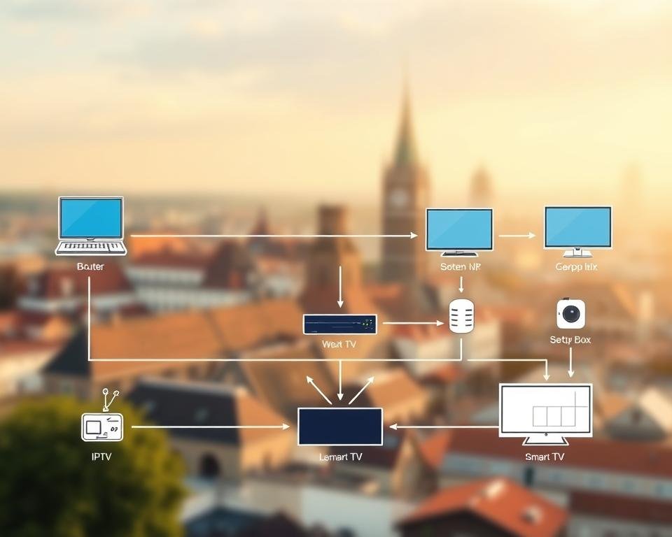 A detailed diagram depicting the inner workings of IPTV (Internet Protocol Television) in the Netherlands. In the foreground, a clear visual representation of the IPTV signal flow, showcasing the process of streaming live television channels over an IP network. The middle ground features simplified icons and illustrations of key IPTV components, such as the internet router, set-top box, and smart TV. In the background, a soft, blurred cityscape of the Netherlands, emphasizing the ubiquity of IPTV technology in the country. The entire scene is illuminated by a warm, natural lighting, creating a sense of clarity and understanding. The overall composition is designed to visually explain the fundamental principles of IPTV in a comprehensive and accessible manner.