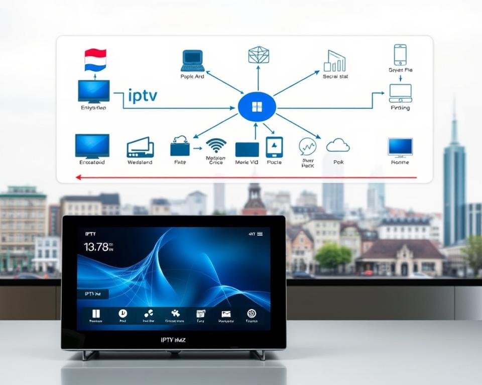 A detailed diagram showcasing the fundamental principles of Internet Protocol Television (IPTV) in the Netherlands. In the foreground, a sleek set-top box prominently displays the IPTV interface, highlighting its user-friendly design. In the middle ground, a network topology diagram illustrates the flow of digital media content from service providers to homes, with arrows and icons denoting the various components. The background features a stylized cityscape, representing the ubiquity of IPTV technology in the modern Dutch landscape. The overall scene conveys a sense of clarity and technical sophistication, reflecting the comprehensive nature of IPTV services available in the Netherlands.