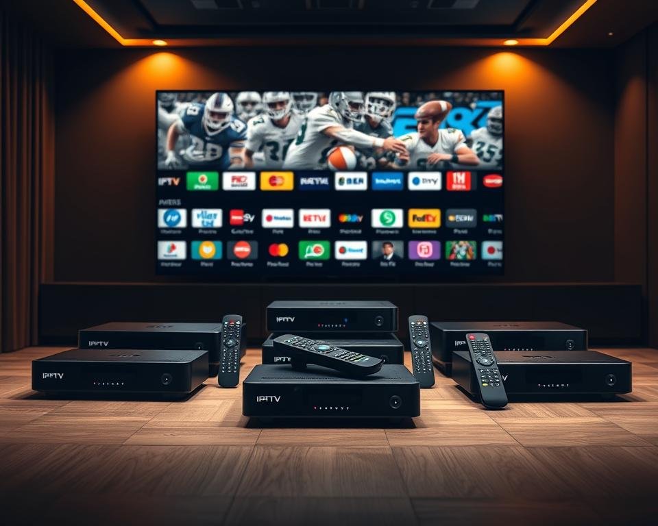 A detailed, high-quality overview of IPTV channel packages, captured in a sleek, modern visual style. Set in a dimly lit room with warm, soft lighting, showcasing a collection of IPTV set-top boxes, remote controls, and channel icons arranged in a visually appealing layout. The foreground features the various IPTV package options, each represented by a distinct icon or logo, while the middle ground displays the set-top boxes and remote controls in an organized manner. The background subtly hints at the diverse range of sports channels available within the IPTV offerings. The overall tone is one of sophistication, professionalism, and a comprehensive understanding of the IPTV service and its capabilities. A detailed, high-quality overview of IPTV channel packages, captured in a sleek, modern visual style. Set in a dimly lit room with warm, soft lighting, showcasing a collection of IPTV set-top boxes, remote controls, and channel icons arranged in a visually appealing layout. The foreground features the various IPTV package options, each represented by a distinct icon or logo, while the middle ground displays the set-top boxes and remote controls in an organized manner. The background subtly hints at the diverse range of sports channels available within the IPTV offerings. The overall tone is one of sophistication, professionalism, and a comprehensive understanding of the IPTV service and its capabilities.