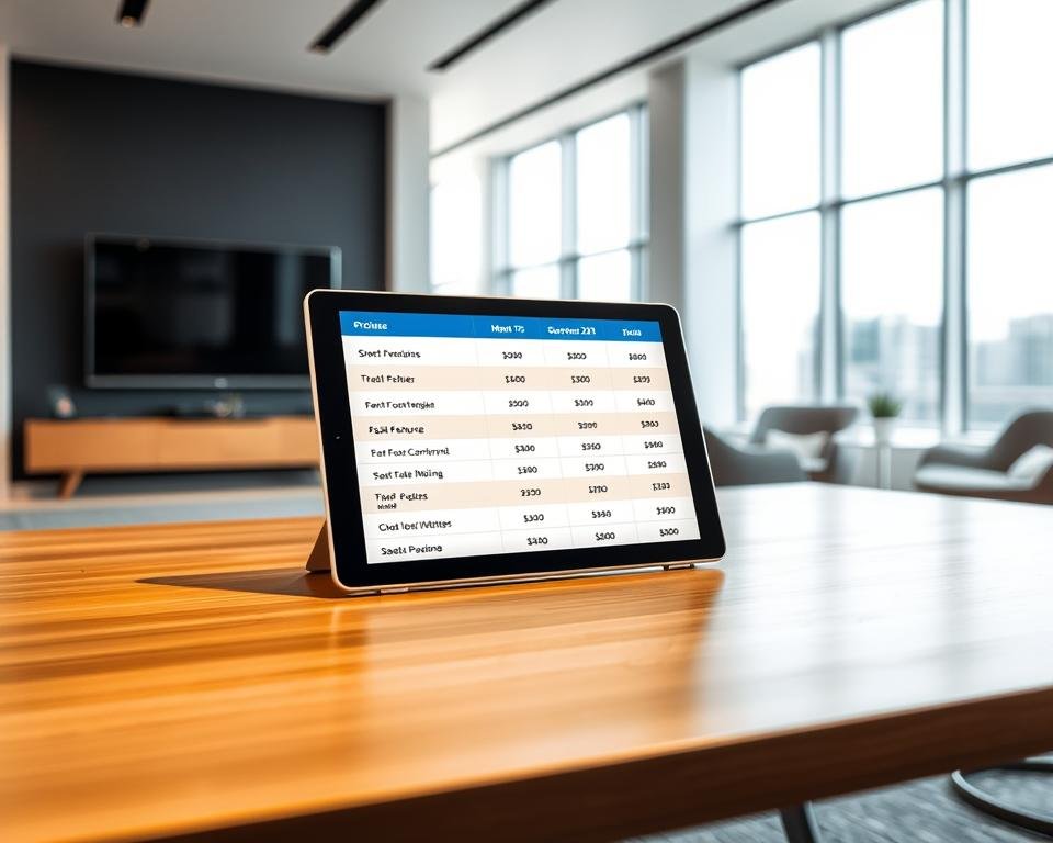 A detailed, high-resolution image showcasing the pricing and subscription options of "Provider 2" for an IPTV service in the Netherlands. The scene is set in a modern, minimalist office space, with a large, well-lit desk in the foreground. On the desk, a sleek tablet device displays the subscription plan details, including monthly costs, feature breakdowns, and comparison charts. The background features clean, modern architecture with large windows, allowing natural light to fill the room and create a sense of openness and professionalism. The overall tone is informative, authoritative, and visually appealing, perfectly suited to illustrate the "Provider 2: Gedetailleerde beoordeling" section of the article.