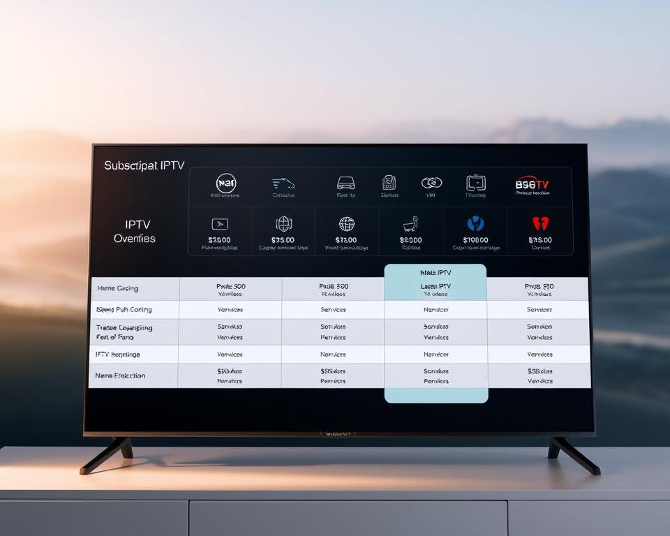 A detailed overview of IPTV subscription plans, presented on a sleek, modern digital interface. The foreground features a clean, minimalist table with pricing information, package details, and subscription options neatly organized. The middle ground showcases a series of dynamic icons and visual cues to represent the various IPTV services. The background depicts a serene, blurred landscape with subtle gradient patterns, creating a sense of depth and professionalism. The lighting is soft and directional, highlighting the key elements while maintaining an elegant, balanced composition. The overall mood is one of clarity, simplicity, and trustworthiness, reflecting the high-quality IPTV offerings in the Netherlands for 2025.