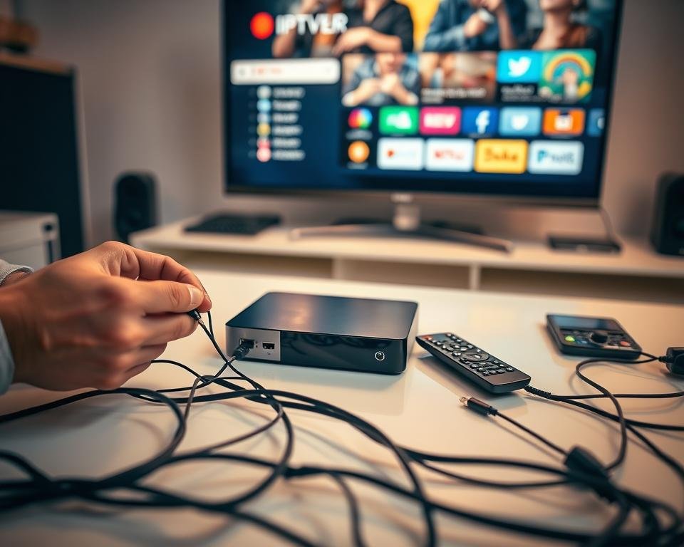 A detailed setup and installation process captured in a crisp, well-lit scene. In the foreground, a person's hands carefully connecting wires and cables, the intricate components of an IPTV setup laid out on a clean, minimalist desk. The middle ground features a sleek, modern IPTV box and remote control, their metallic surfaces reflecting the warm, directional lighting. In the background, a large monitor displays the IPTV user interface, its vibrant colors and sharp graphics hinting at the high-quality streaming experience to come. The overall atmosphere is one of precision, technology, and the satisfying progression of a seamless installation. A detailed setup and installation process captured in a crisp, well-lit scene. In the foreground, a person's hands carefully connecting wires and cables, the intricate components of an IPTV setup laid out on a clean, minimalist desk. The middle ground features a sleek, modern IPTV box and remote control, their metallic surfaces reflecting the warm, directional lighting. In the background, a large monitor displays the IPTV user interface, its vibrant colors and sharp graphics hinting at the high-quality streaming experience to come. The overall atmosphere is one of precision, technology, and the satisfying progression of a seamless installation.