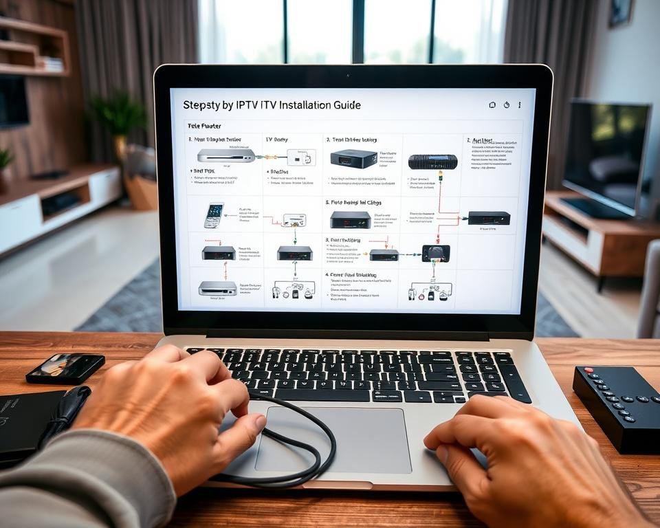 A detailed step-by-step IPTV installation guide displayed on a laptop screen. In the foreground, a person's hands are carefully connecting cables and setting up various devices like a router, TV box, and remote control. The middle ground shows a well-organized workspace with technical manuals and tools. The background depicts a modern, minimalist home interior with large windows, allowing natural light to illuminate the scene. The overall mood is one of focused concentration, with a sense of technological expertise and seamless integration of digital entertainment systems into the domestic environment.