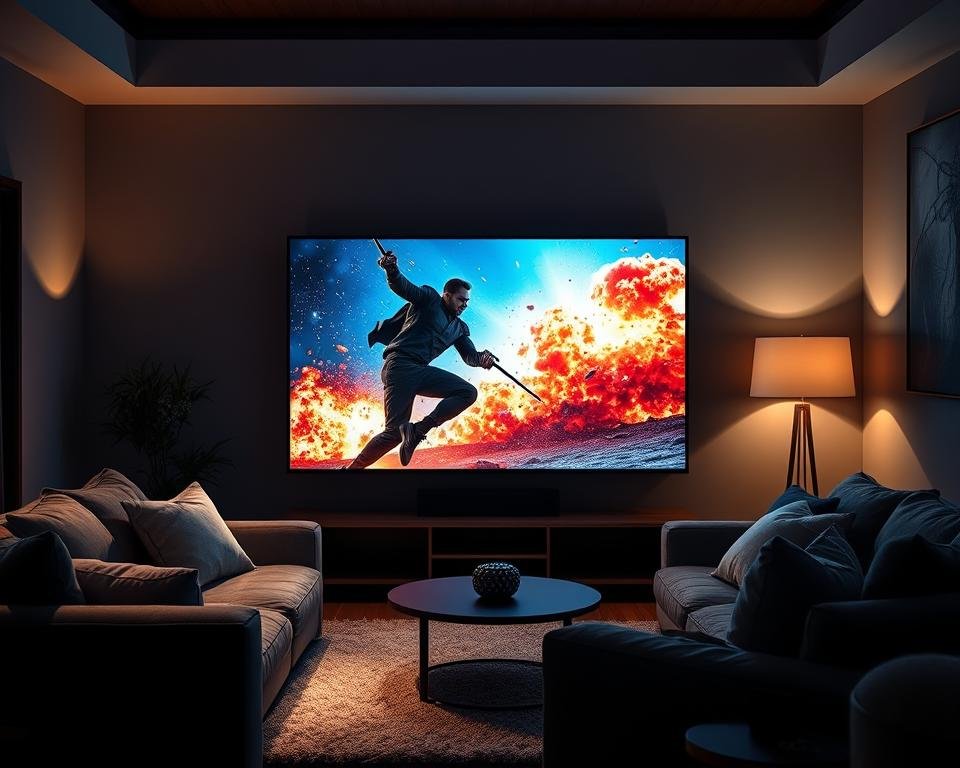 A dimly lit living room with a large, high-definition TV screen taking center stage. The screen displays a vibrant, crystal-clear image of a thrilling action scene, showcasing the superior image quality of IPTV streaming. Plush, comfortable seating surrounds the TV, creating an immersive viewing experience. Soft, warm lighting from a floor lamp casts a gentle glow, enhancing the cozy atmosphere. The walls are adorned with minimalist decor, allowing the focus to remain on the captivating visual performance. The overall scene conveys a sense of cinematic quality and high-end entertainment, perfectly capturing the "Kijkervaring in hoge kwaliteit" section of the article. A dimly lit living room with a large, high-definition TV screen taking center stage. The screen displays a vibrant, crystal-clear image of a thrilling action scene, showcasing the superior image quality of IPTV streaming. Plush, comfortable seating surrounds the TV, creating an immersive viewing experience. Soft, warm lighting from a floor lamp casts a gentle glow, enhancing the cozy atmosphere. The walls are adorned with minimalist decor, allowing the focus to remain on the captivating visual performance. The overall scene conveys a sense of cinematic quality and high-end entertainment, perfectly capturing the "Kijkervaring in hoge kwaliteit" section of the article.