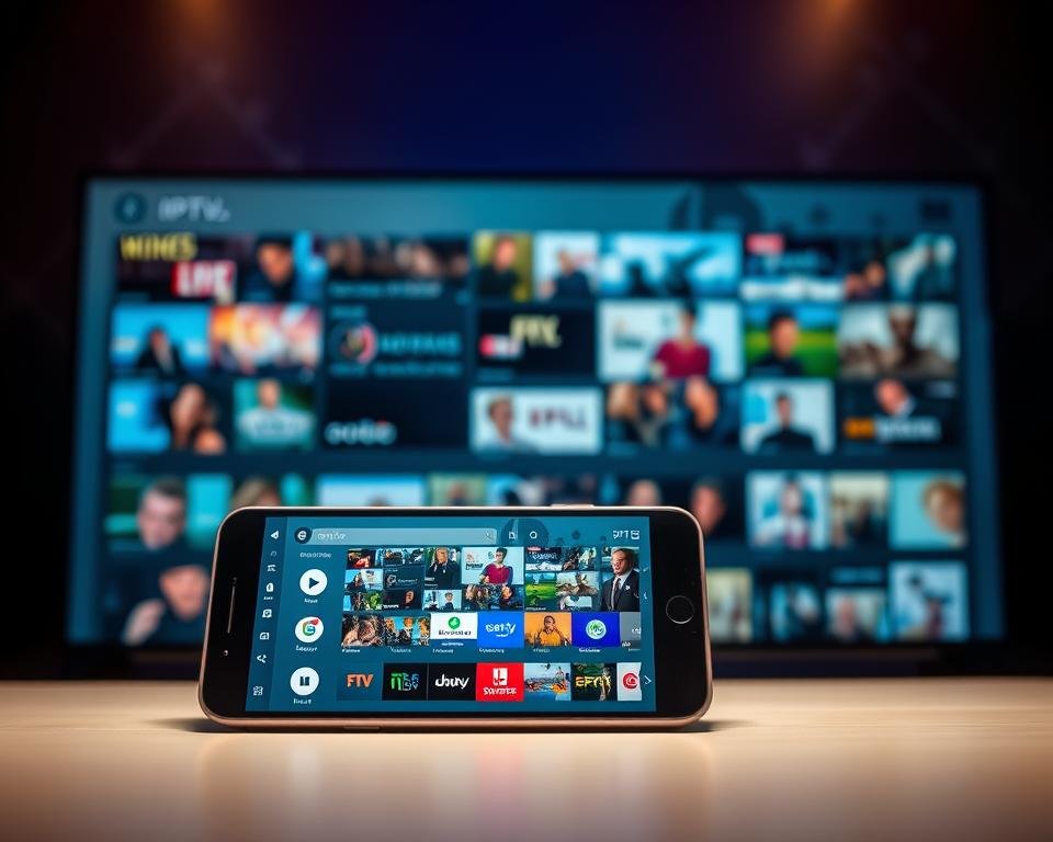 A dynamic and visually captivating scene depicting a wide range of IPTV content options. In the foreground, a sleek mobile device displays a diverse array of live TV channels, streaming services, and on-demand content, all presented with a clean, modern interface. In the middle ground, a collage of popular entertainment genres and program thumbnails - from news and sports to movies and documentaries - highlights the breadth of the IPTV content offering. The background features a subtle geometric pattern or abstract design, creating a sense of depth and a visually striking aesthetic. The overall mood is one of accessibility, connectivity, and the seamless integration of live and on-demand entertainment on the go.