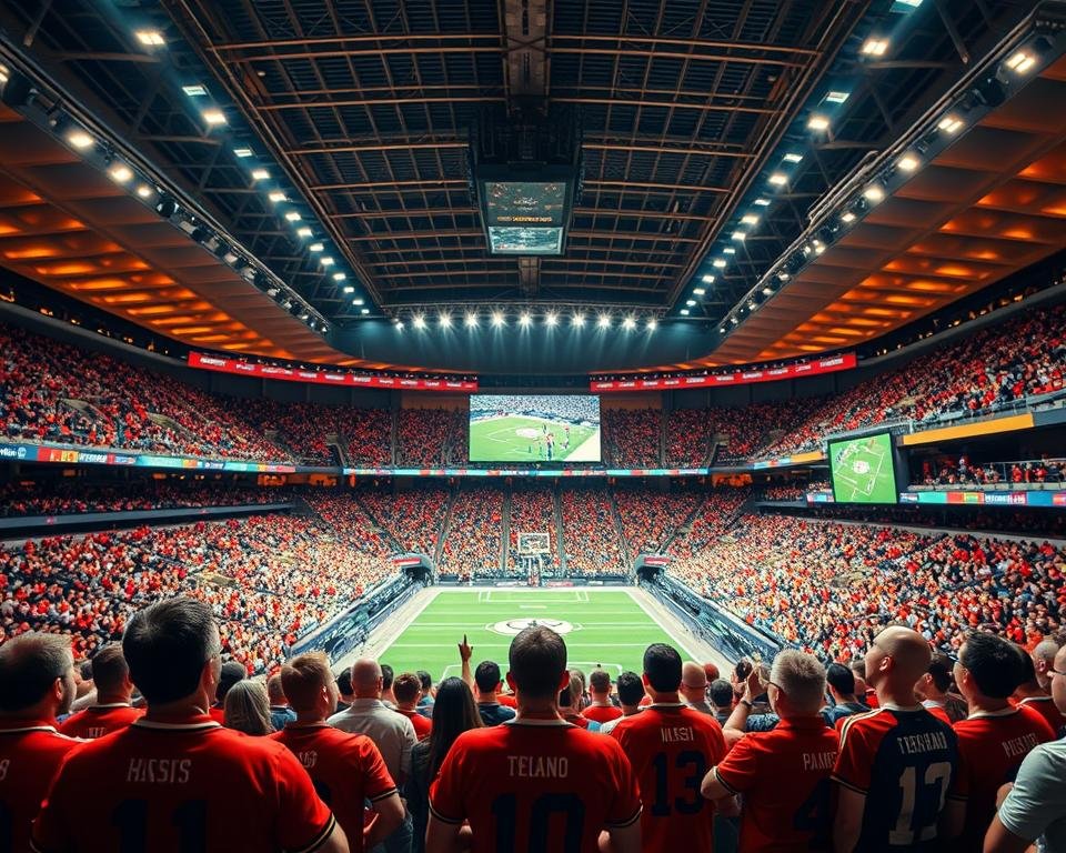 A dynamic sports arena filled with a vibrant crowd, spectators eagerly watching a live match unfold on a large, high-definition screen. The lighting is warm and evenly distributed, creating a sense of energy and excitement. The camera angle captures the scene from an elevated perspective, showcasing the grandeur of the event. In the foreground, a group of fans clad in team jerseys cheer passionately, their expressions conveying the thrill of the moment. The middle ground features a diverse array of premium seating options, catering to a sophisticated audience. In the background, a sleek and modern architectural design frames the scene, hinting at the premium nature of the venue. A dynamic sports arena filled with a vibrant crowd, spectators eagerly watching a live match unfold on a large, high-definition screen. The lighting is warm and evenly distributed, creating a sense of energy and excitement. The camera angle captures the scene from an elevated perspective, showcasing the grandeur of the event. In the foreground, a group of fans clad in team jerseys cheer passionately, their expressions conveying the thrill of the moment. The middle ground features a diverse array of premium seating options, catering to a sophisticated audience. In the background, a sleek and modern architectural design frames the scene, hinting at the premium nature of the venue.