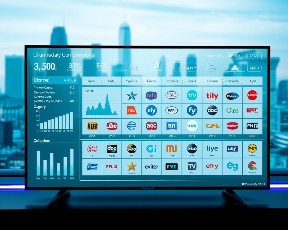 A futuristic digital dashboard displaying a comprehensive comparison of digital television channel offerings. The foreground features sleek, minimalist icons and graphs showcasing channel counts, category breakdowns, and visual representations of content diversity. The middle ground presents a clean, high-contrast grid layout highlighting individual channel logos and details. The background is a subtly-blurred, tech-inspired cityscape, conveying a sense of connectivity and innovation. The lighting is cool-toned and directional, casting gentle shadows to emphasize the digital interface. The overall mood is one of informative clarity, guiding the viewer through a detailed analysis of the digital television landscape.
