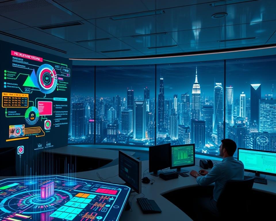 A futuristic, high-tech control room with a sleek, minimalist design. The foreground features a holographic display showcasing various network data streams, with colorful visualizations representing the flow of information. In the middle ground, a team of technicians monitor and manage the IPTV system, their faces illuminated by the glow of screens. The background depicts a panoramic view of a modern city skyline, with towering skyscrapers and glowing hubs of technological activity. Soft, directional lighting casts dramatic shadows, creating a sense of depth and dynamism. The overall mood is one of precision, efficiency, and the seamless integration of advanced technology. A futuristic, high-tech control room with a sleek, minimalist design. The foreground features a holographic display showcasing various network data streams, with colorful visualizations representing the flow of information. In the middle ground, a team of technicians monitor and manage the IPTV system, their faces illuminated by the glow of screens. The background depicts a panoramic view of a modern city skyline, with towering skyscrapers and glowing hubs of technological activity. Soft, directional lighting casts dramatic shadows, creating a sense of depth and dynamism. The overall mood is one of precision, efficiency, and the seamless integration of advanced technology.