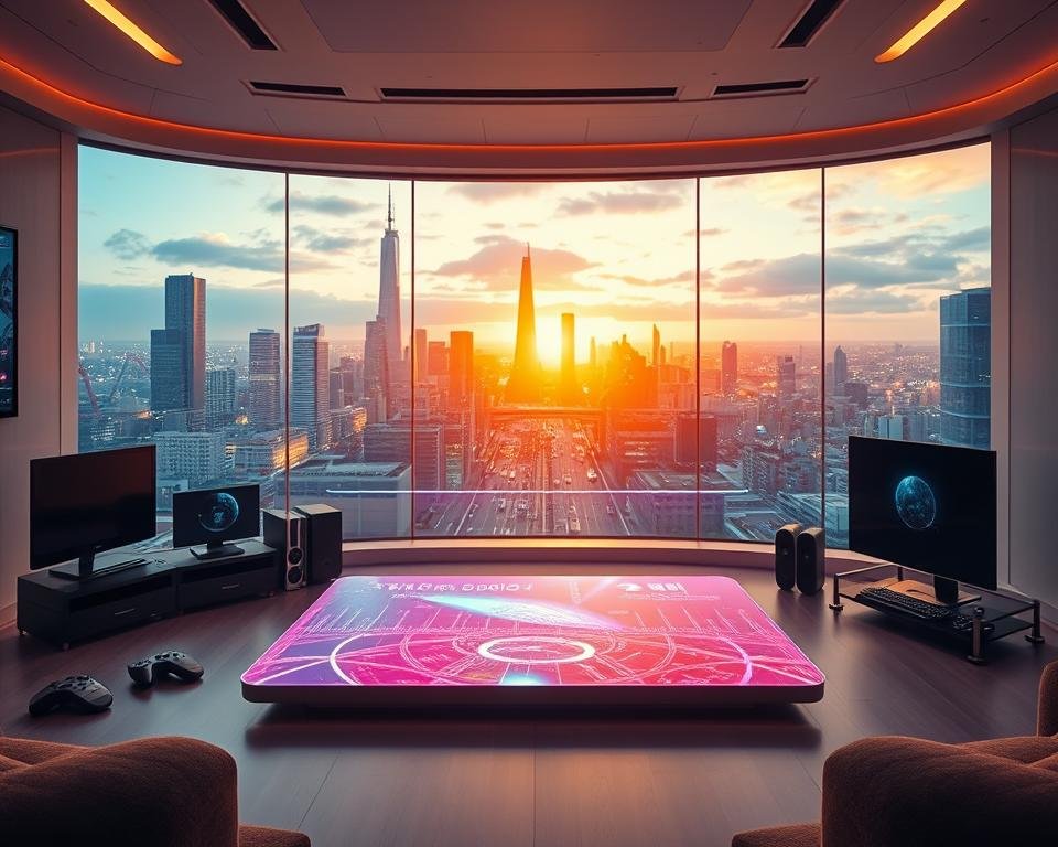 A futuristic scene showcasing the latest advancements in IPTV technology. In the foreground, a sleek, floating holographic display projects a vibrant, high-definition image. Surrounding it, an array of cutting-edge multimedia devices, from voice-activated remote controls to gesture-based interfaces, illustrate the seamless integration of hardware and software. In the middle ground, a panoramic window offers a view of a vibrant, technologically-advanced cityscape, with towering skyscrapers and autonomous vehicles gliding through the streets. The background is bathed in a warm, ambient glow, conveying a sense of progress and innovation. The scene is captured with a wide-angle lens, emphasizing the scope and scale of the technological landscape. The overall mood is one of excitement and anticipation, reflecting the future of IPTV in the Netherlands.