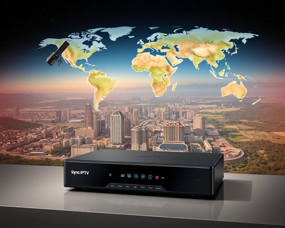 A global satellite network beams live television signals across the world, connecting audiences from remote villages to bustling metropolises. In the foreground, a sleek, high-tech IPTV set-top box commands the scene, its intuitive interface and lightning-fast processing power reflecting the advanced technology that enables this seamless global coverage. The middle ground features a sprawling cityscape, skyscrapers and satellite dishes testifying to the ubiquity of this service, while the background depicts lush, verdant landscapes, distant mountain ranges, and coastal vistas - a visual representation of the comprehensive, worldwide reach of this innovative IPTV technology. Warm, diffused lighting casts a sense of harmony and connectivity, capturing the essence of "Sync IPTV: Globale dekking met geavanceerde technologie". A global satellite network beams live television signals across the world, connecting audiences from remote villages to bustling metropolises. In the foreground, a sleek, high-tech IPTV set-top box commands the scene, its intuitive interface and lightning-fast processing power reflecting the advanced technology that enables this seamless global coverage. The middle ground features a sprawling cityscape, skyscrapers and satellite dishes testifying to the ubiquity of this service, while the background depicts lush, verdant landscapes, distant mountain ranges, and coastal vistas - a visual representation of the comprehensive, worldwide reach of this innovative IPTV technology. Warm, diffused lighting casts a sense of harmony and connectivity, capturing the essence of "Sync IPTV: Globale dekking met geavanceerde technologie".