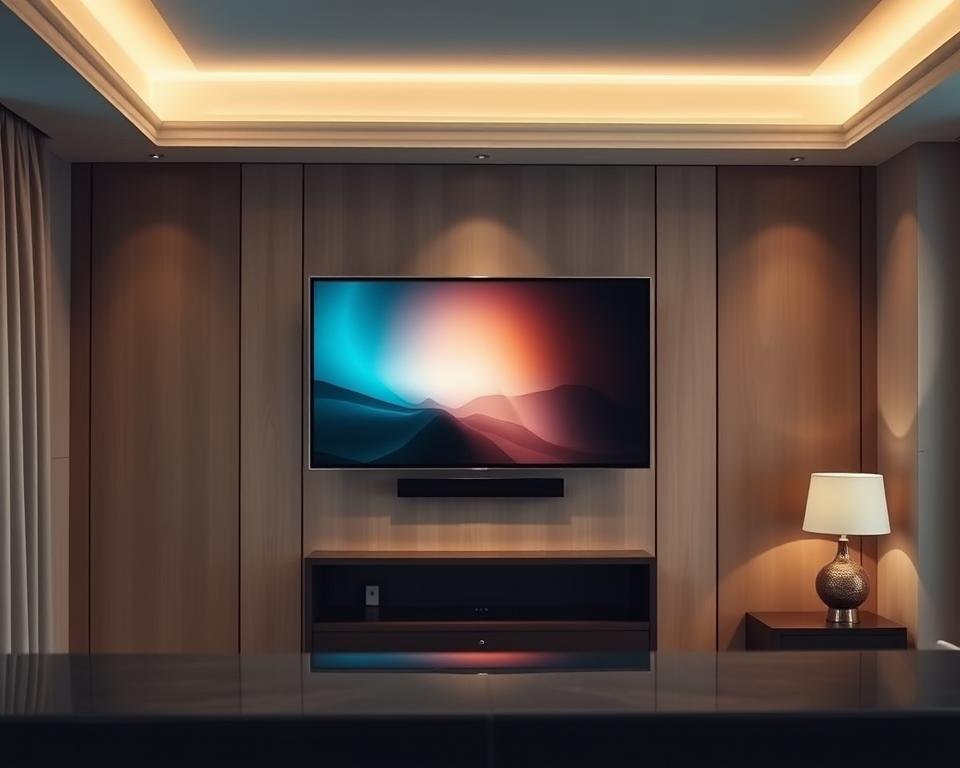 A high-end hotel television solution showcased in a modern, minimalist setting. A large flatscreen TV takes center stage, its sleek design seamlessly integrated into the room's elegant decor. Soft, diffused lighting illuminates the scene, creating a warm, inviting atmosphere. The television is surrounded by subtle, custom-designed cabinetry, providing a tailored, built-in appearance. In the foreground, a hotel concierge desk or reception area is visible, hinting at the professional, high-quality nature of the IPTV solution. The background features muted, neutral tones that allow the television to be the focal point, emphasizing its role as a premium, personalized entertainment system for hotel guests.