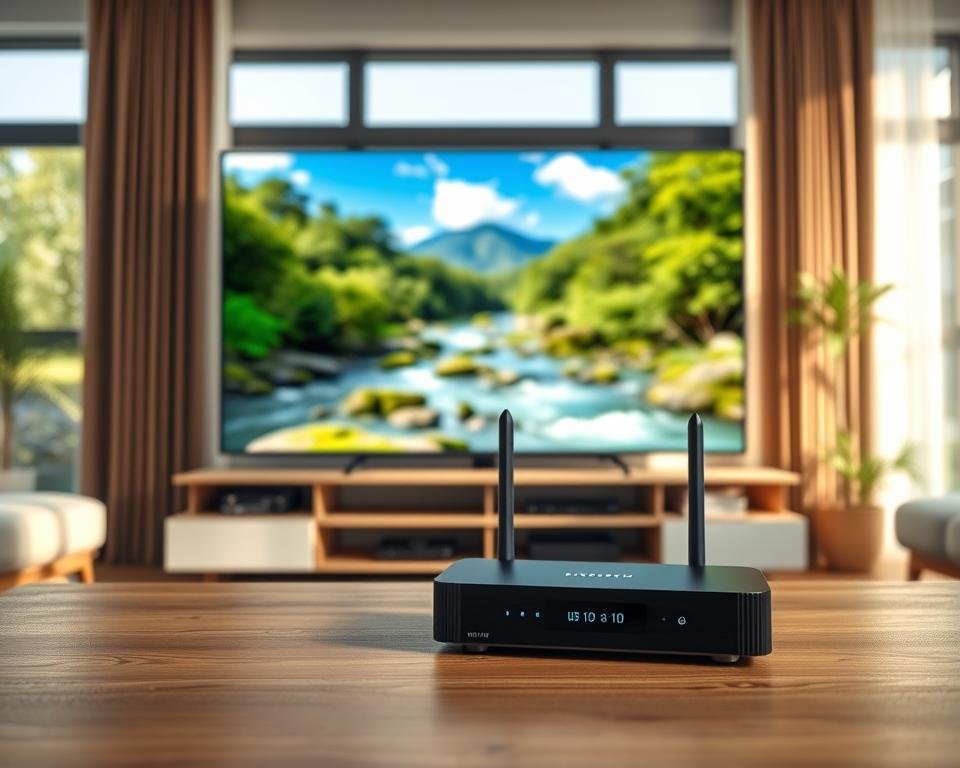 A high-quality 4K IPTV setup with a modern streaming device in the foreground, showcasing a crisp, vibrant display of a nature scene with lush greenery, a flowing river, and a clear blue sky. In the middle ground, a home entertainment center with a sleek, minimalist design, housing the IPTV hardware and a wireless router. The background features a cozy, modern living room with large windows allowing natural light to flood the space, creating a warm and inviting atmosphere. The lighting is soft and diffused, emphasizing the clarity and smoothness of the video playback. The scene conveys a sense of immersion and enjoyment in the IPTV experience, reflecting the high performance and image quality.