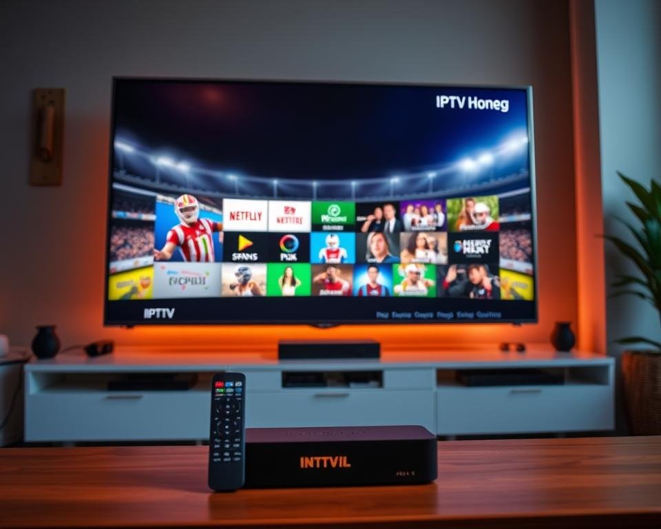 A high-quality 4K IPTV streaming setup, featuring a sleek, modern media center with advanced connectivity options. The screen displays sharp, vibrant images in a cinematic 16:9 aspect ratio, showcasing the rich colors and deep blacks of the latest ultra-HD content. A state-of-the-art smart TV remote provides intuitive control over the seamless IPTV interface, allowing easy navigation through a comprehensive channel lineup. The entire setup is bathed in a warm, ambient lighting, creating a cozy, immersive viewing experience, perfect for enjoying the finest sports and entertainment programming. A high-quality 4K IPTV streaming setup, featuring a sleek, modern media center with advanced connectivity options. The screen displays sharp, vibrant images in a cinematic 16:9 aspect ratio, showcasing the rich colors and deep blacks of the latest ultra-HD content. A state-of-the-art smart TV remote provides intuitive control over the seamless IPTV interface, allowing easy navigation through a comprehensive channel lineup. The entire setup is bathed in a warm, ambient lighting, creating a cozy, immersive viewing experience, perfect for enjoying the finest sports and entertainment programming.
