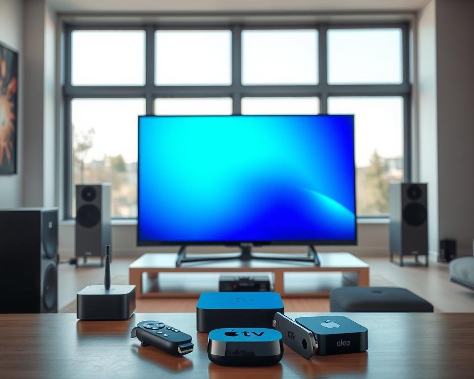 A high-quality 4K UHD image showcasing the optimal video streaming experience. In the foreground, a modern smart TV displaying a crisp, vibrant image with rich colors and deep blacks. Surrounding the TV, a sleek home entertainment setup with premium audio equipment and a high-speed internet router. In the middle ground, an array of streaming devices, such as a Roku, Apple TV, and Android TV box, highlighting the range of options for accessing online content. The background features a minimalist, well-lit living room setting with large windows, allowing natural light to fill the space and enhance the overall viewing experience. The scene conveys a sense of technological sophistication, visual clarity, and the seamless integration of streaming capabilities into a modern home environment.