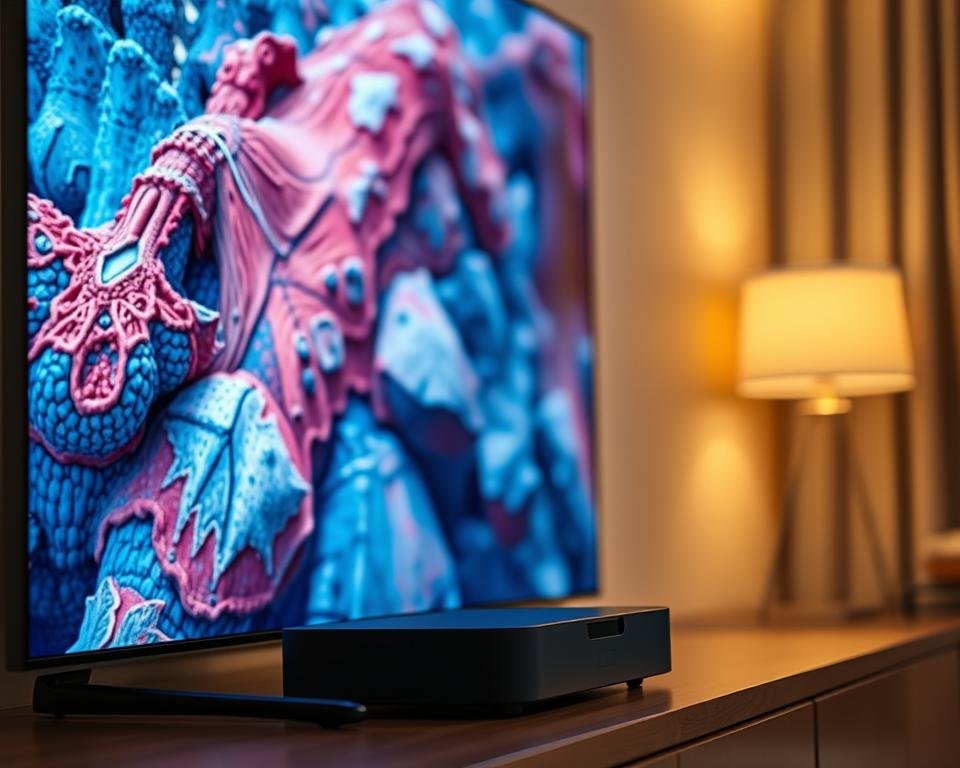 A high-quality IPTV screen displaying a vibrant and detailed 4K video. The scene is illuminated by a warm, natural lighting that casts a soft glow across the display. The image is sharp and crisp, showcasing intricate textures and lifelike colors. In the foreground, the video content is engaging and immersive, drawing the viewer into the viewing experience. The middle ground features a sleek, minimalist IPTV set-top box, highlighting the technological prowess behind the superior visual quality. The background is blurred, creating a sense of depth and focus on the primary subject. Overall, the image conveys a premium, high-end viewing experience that is both visually stunning and technologically advanced.