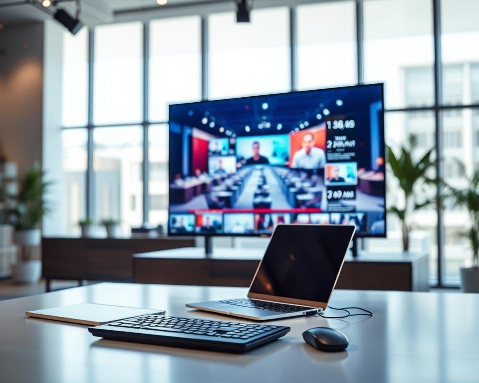 A high-quality IPTV streaming scene featuring a modern office interior. In the foreground, a sleek flatscreen display showcases a vivid, high-definition video feed. Ambient studio lighting subtly illuminates the space, creating a professional and tech-savvy atmosphere. The middle ground features a minimalist desk setup with a laptop, wireless keyboard and mouse, reflecting the seamless integration of IPTV technology into the work environment. The background depicts floor-to-ceiling windows, allowing natural daylight to pour in and accentuate the clean, contemporary design. The overall mood conveys the reliability, clarity and performance of IPTV streaming for business applications.