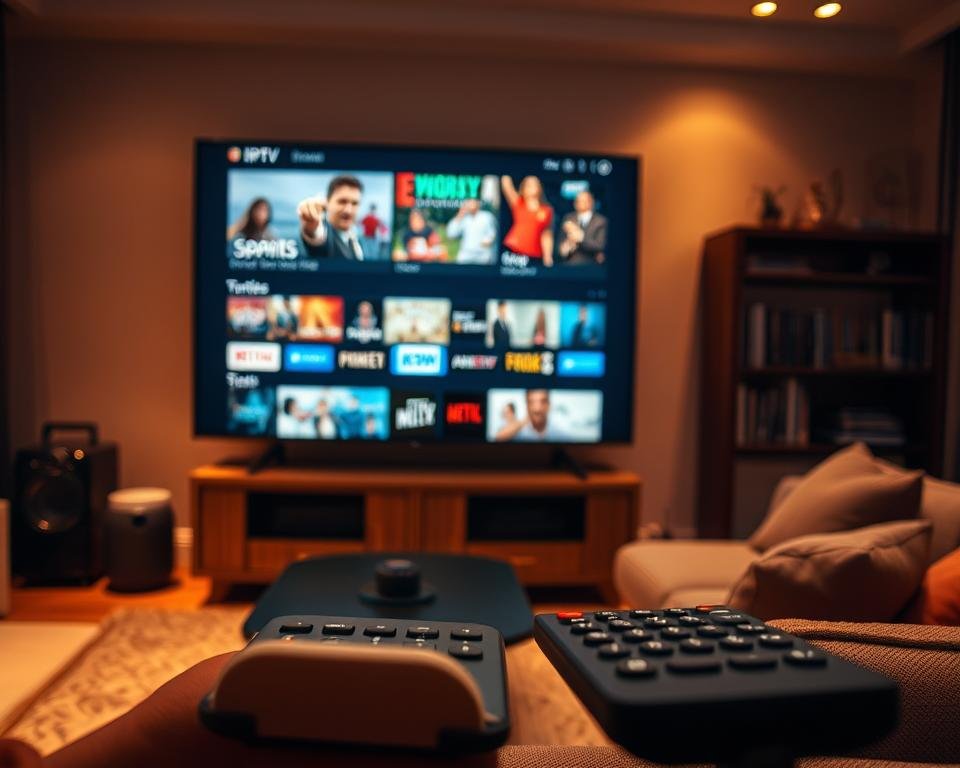 A high-quality, cinematic image showcasing the diverse content available on an IPTV service. Set in a cozy living room with warm lighting, a large flat-screen TV dominates the frame, displaying a vibrant array of content options - from live sports and news to the latest movies and TV shows. The foreground features a sleek, modern remote control, subtly hinting at the seamless user experience. The middle ground includes a comfortable sofa and side table, creating a sense of domestic tranquility. In the background, subtle visual cues, such as bookshelves or artwork, suggest an upscale, sophisticated environment. The overall mood is one of entertainment, relaxation, and the abundance of choice offered by a comprehensive IPTV content catalog.