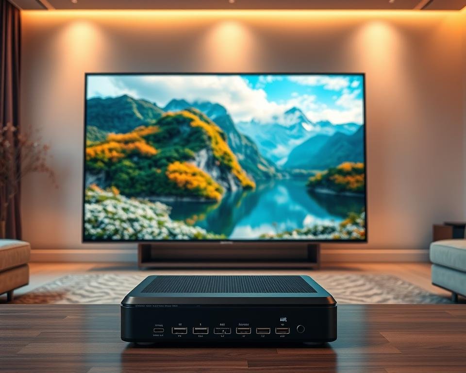 A high-quality, cinematic scene showcasing the vibrant visuals and crystal-clear audio of an IPTV system. In the foreground, a large, 4K television displays a breathtaking nature documentary, the colors and details popping with stunning realism. The middle ground features a state-of-the-art IPTV set-top box, its sleek design and array of ports hinting at the advanced technology within. In the background, a modern, minimalist living room sets the stage, its clean lines and neutral tones allowing the television and equipment to take center stage. Soft, warm lighting bathes the scene, creating a cozy, immersive atmosphere perfect for enjoying the exceptional audio and video quality. A high-quality, cinematic scene showcasing the vibrant visuals and crystal-clear audio of an IPTV system. In the foreground, a large, 4K television displays a breathtaking nature documentary, the colors and details popping with stunning realism. The middle ground features a state-of-the-art IPTV set-top box, its sleek design and array of ports hinting at the advanced technology within. In the background, a modern, minimalist living room sets the stage, its clean lines and neutral tones allowing the television and equipment to take center stage. Soft, warm lighting bathes the scene, creating a cozy, immersive atmosphere perfect for enjoying the exceptional audio and video quality.