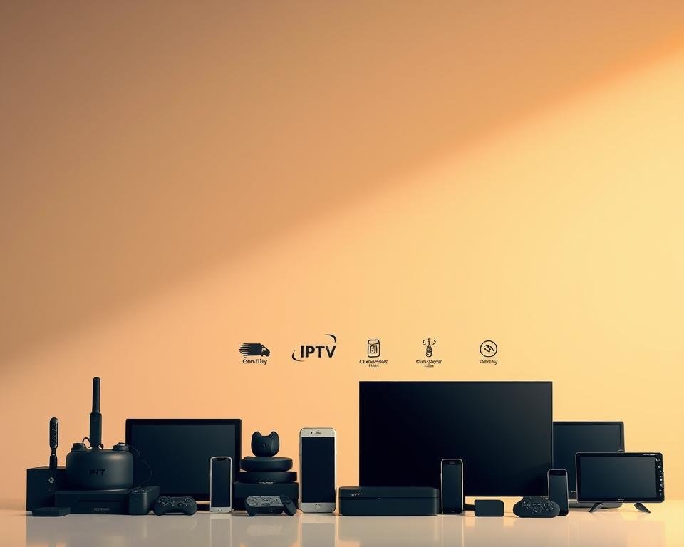 A high-quality, detailed illustration of various devices and platforms compatible with IPTV services, set against a modern, minimalist background. The foreground should feature an array of different device silhouettes, such as smart TVs, streaming boxes, mobile phones, and tablets, arranged in a visually appealing layout. The middle ground could include subtle icons or logos representing popular IPTV providers and compatibility standards. The background should have a clean, gradient-based color scheme, creating a sleek and professional atmosphere. Use warm, neutral tones to convey a sense of sophistication and technology. Lighting should be soft and diffused, creating a sense of depth and dimensionality. The overall composition should be well-balanced and visually striking, effectively communicating the concept of "device and platform compatibility" for IPTV services.