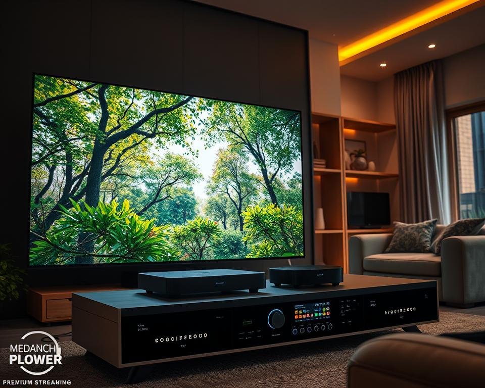 A high-quality, dynamic streaming scene showcasing vivid, crystal-clear visuals and immersive audio. In the foreground, a large, high-definition display presents a captivating nature documentary, the lush foliage and vibrant colors rendered with exceptional detail. The middle ground features a modern, sleek media center with state-of-the-art streaming hardware, its LED indicators pulsing with activity. The background depicts a cozy, well-appointed living room, the warm lighting and plush furnishings creating an inviting atmosphere. Cinematically framed, the scene conveys a sense of cinematic grandeur and technological sophistication, the viewer transported into a world of premium, high-fidelity streaming.