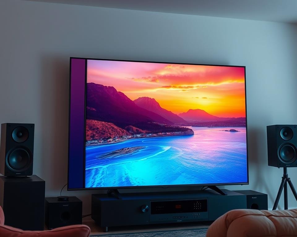 A high-quality entertainment system featuring a vibrant, crystal-clear 4K display with precise color accuracy and a rich, immersive surround sound setup. The scene depicts a living room with modern, minimalist decor, allowing the audiovisual experience to take center stage. Soft, warm lighting creates a cozy, inviting atmosphere, while strategic camera angles showcase the screen's impressive size and the sleek, premium design of the audio equipment. The attention to detail and technical specifications suggest a premium, top-of-the-line IPTV service delivering an exceptional viewing and listening experience.