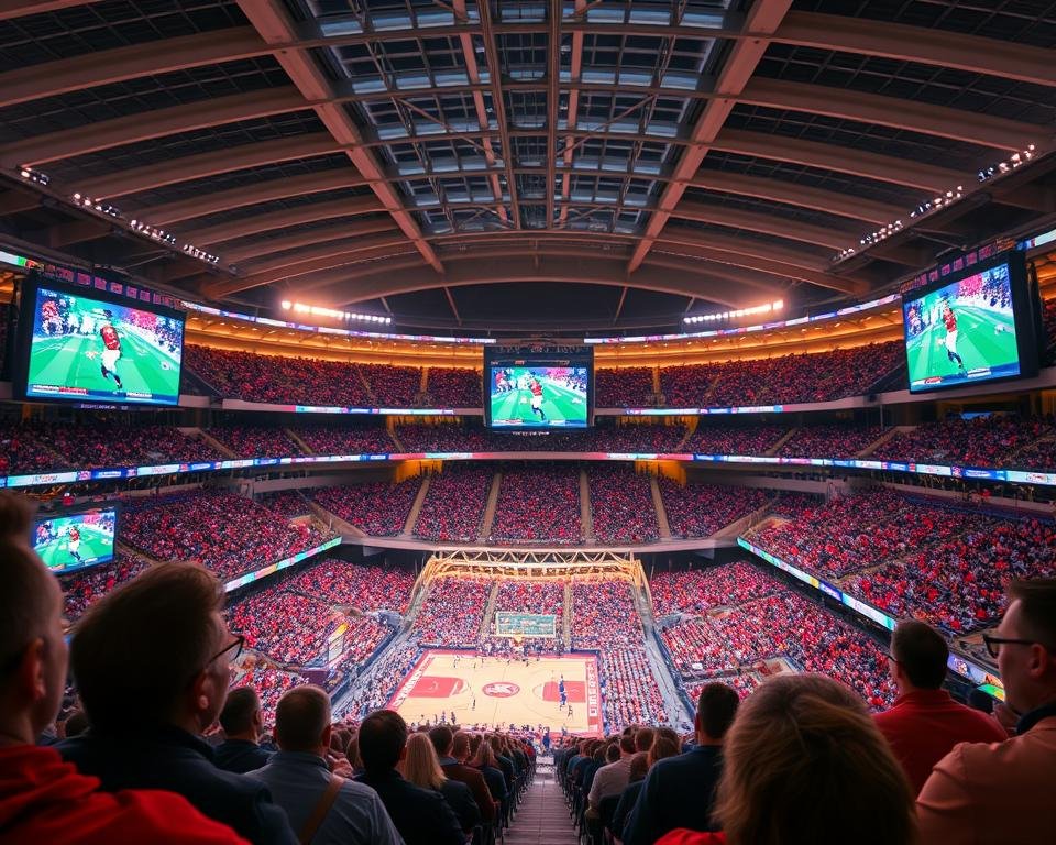 A high-quality, hyper-realistic image of a large sports stadium filled with excited spectators watching a live sports event being streamed on multiple screens. The foreground features close-up views of spectators intently focused on the action, their faces illuminated by the glow of the displays. The middle ground showcases a panoramic view of the stadium interior, with rows of seats, concession stands, and a massive central screen broadcasting the live event. The background depicts the stadium's exterior architecture, with sleek, modern lines and a vibrant atmosphere. The lighting is natural, with warm hues highlighting the energy and excitement of the scene. The overall composition conveys the immersive and thrilling experience of enjoying live sports events through streaming technology.