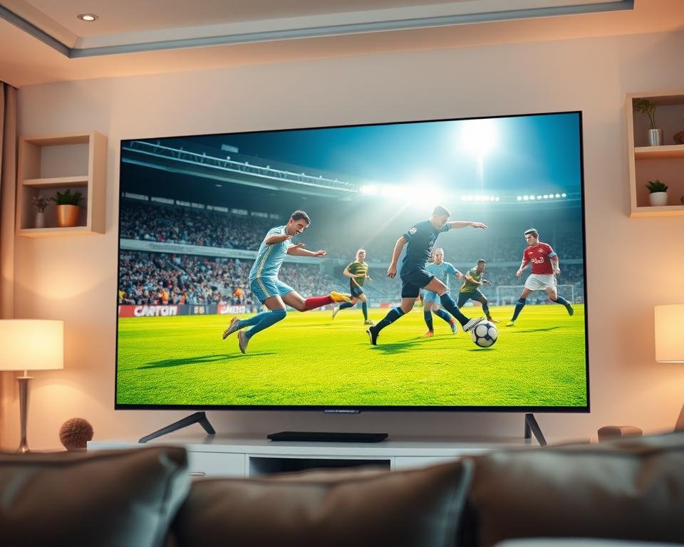 A high-quality live-streamed football match, viewed on a modern 4K OLED television. The image shows the TV screen in the foreground, displaying a dynamic, fast-paced football game with sharp, vibrant visuals and smooth motion. The players are captured in mid-action, their movements crisp and detailed. Subtle lens flare effects add depth and a cinematic quality to the scene. In the background, a cozy living room setting is visible, with soft, warm lighting and comfortable furniture, creating a relaxing, immersive atmosphere for the viewer.