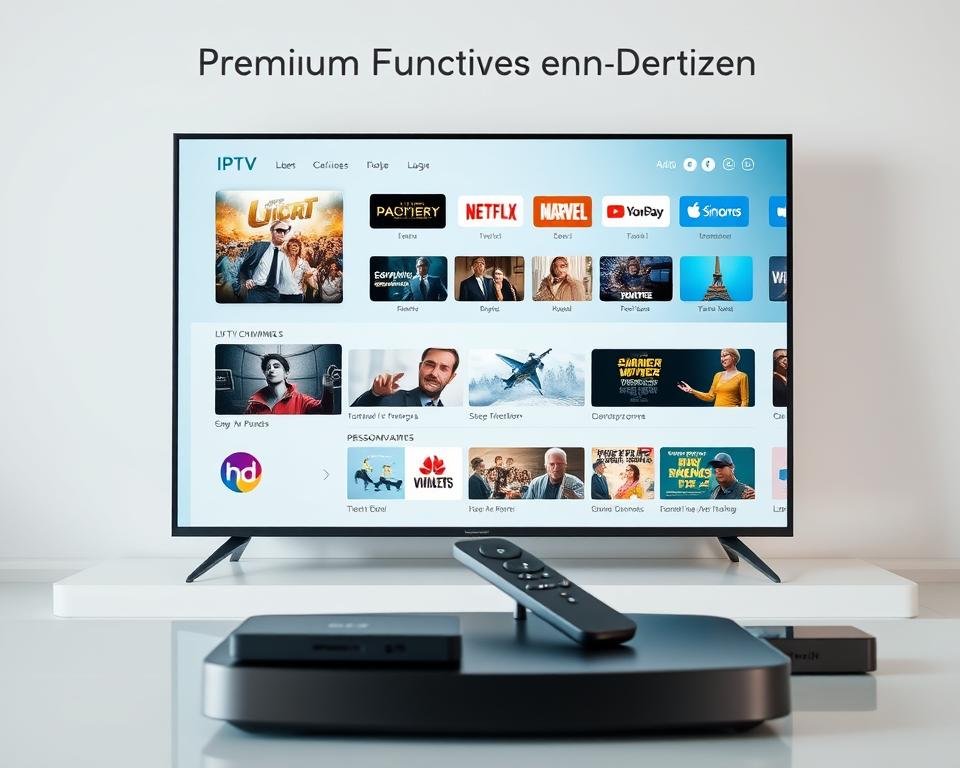 A high-quality, modern-looking IPTV service interface featuring a clean, minimalist design. In the foreground, a large, high-definition television screen showcases a variety of premium IPTV service features, such as live TV channels, on-demand content, and personalized recommendations. The middle ground depicts sleek, brushed-metal remote controls and streaming devices, hinting at the seamless integration of the IPTV service across multiple platforms. The background is a soft, neutral-toned gradient, placing the focus on the dynamic, interactive elements of the IPTV service. The overall mood is one of sophistication, technology, and user-friendly functionality, reflecting the "Premium Functies en Diensten" of the IPTV service. A high-quality, modern-looking IPTV service interface featuring a clean, minimalist design. In the foreground, a large, high-definition television screen showcases a variety of premium IPTV service features, such as live TV channels, on-demand content, and personalized recommendations. The middle ground depicts sleek, brushed-metal remote controls and streaming devices, hinting at the seamless integration of the IPTV service across multiple platforms. The background is a soft, neutral-toned gradient, placing the focus on the dynamic, interactive elements of the IPTV service. The overall mood is one of sophistication, technology, and user-friendly functionality, reflecting the "Premium Functies en Diensten" of the IPTV service.