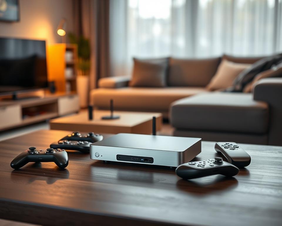 A high-quality, professional-grade image of the "beste iptv provider" for a sports-focused IPTV article in the Netherlands. The scene depicts a minimalist, modern setup with a sleek, silver IPTV device prominently displayed on a dark wood table, surrounded by various remote controls and gaming peripherals. Soft, warm lighting illuminates the scene, creating a cozy, inviting atmosphere. In the background, a blurred view of a living room or entertainment space hints at the broader context. The overall composition and styling convey a sense of sophistication, reliability, and the premium quality of the IPTV service.