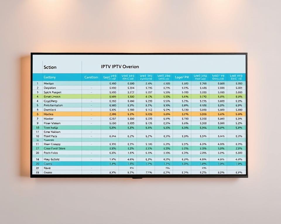 A high-quality, professionally-designed spreadsheet displaying an overview of various IPTV subscription options. The spreadsheet is presented against a clean, minimalist background, with a soft, warm lighting that highlights the clarity and organization of the data. The layout is visually appealing, with well-defined columns and rows, and uses a color scheme that is both visually striking and easy to read. The overall impression is one of authority, professionalism, and attention to detail, reflecting the subject matter and the section title of the article. A high-quality, professionally-designed spreadsheet displaying an overview of various IPTV subscription options. The spreadsheet is presented against a clean, minimalist background, with a soft, warm lighting that highlights the clarity and organization of the data. The layout is visually appealing, with well-defined columns and rows, and uses a color scheme that is both visually striking and easy to read. The overall impression is one of authority, professionalism, and attention to detail, reflecting the subject matter and the section title of the article.