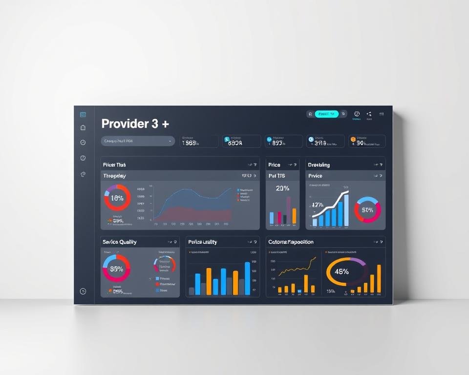 A high-quality, sleek and modern evaluation dashboard presenting a detailed analysis of the price-to-quality ratio of "Provider 3". The dashboard is set against a clean, minimalist background with subtle grid lines and muted color palette, allowing the key metrics and visuals to take center stage. The foreground features a series of infographics, charts and data visualizations meticulously designed to convey the provider's performance across various categories such as pricing, service quality, customer satisfaction and value proposition. Lighting is soft and even, with a slightly cool color temperature to cultivate a professional, trustworthy atmosphere. The overall composition is balanced and elegant, drawing the viewer's attention to the most salient information.