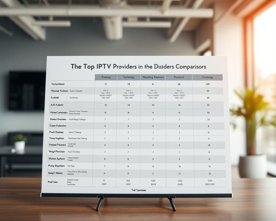 A high-quality, sleek comparison chart showcasing the top IPTV providers in the Netherlands, displayed against a backdrop of a modern, minimalist office setting. The chart features clean typography, well-organized data columns, and intuitive icons, providing a clear and concise overview of the providers' key features and pricing. The image is shot with a wide-angle lens, capturing the chart in the foreground, with the office environment subtly blurred in the background, creating a sense of depth and professionalism. The lighting is soft and diffused, creating a warm, inviting atmosphere that complements the subject matter. The overall composition and styling convey a sense of authority and expertise, suitable for an article section on the top IPTV providers in the Dutch market.