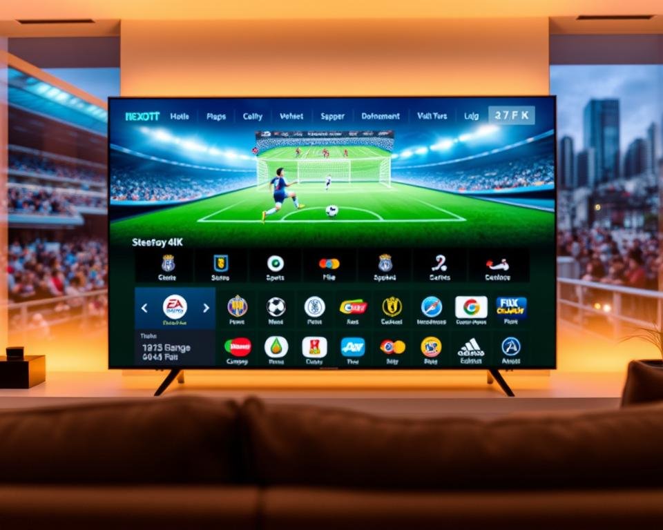 A high-quality sports streaming service called Nexott, featuring a sleek and modern interface. In the foreground, a large 4K display showcases a live soccer match, with vibrant colors and sharp, detailed imagery. In the middle ground, various sports icons and logos are neatly arranged, indicating the breadth of content available. The background features a dynamic, blurred cityscape, evoking a sense of urban energy and excitement. Soft, warm lighting creates a comfortable and immersive viewing experience, while a subtle depth of field blurs the edges, drawing the viewer's attention to the central display. The overall atmosphere conveys a premium, high-performance sports streaming platform tailored for passionate fans. A high-quality sports streaming service called Nexott, featuring a sleek and modern interface. In the foreground, a large 4K display showcases a live soccer match, with vibrant colors and sharp, detailed imagery. In the middle ground, various sports icons and logos are neatly arranged, indicating the breadth of content available. The background features a dynamic, blurred cityscape, evoking a sense of urban energy and excitement. Soft, warm lighting creates a comfortable and immersive viewing experience, while a subtle depth of field blurs the edges, drawing the viewer's attention to the central display. The overall atmosphere conveys a premium, high-performance sports streaming platform tailored for passionate fans.