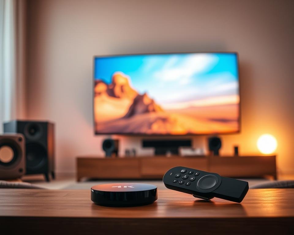 A high-quality streaming setup with vibrant visuals and immersive audio. A modern 4K television sits in a minimalist living room, displaying a crisp, detailed image. Soft, warm lighting illuminates the scene, creating a cozy atmosphere. In the foreground, a sleek streaming device blends seamlessly with the decor, ready to deliver a premium entertainment experience. The middle ground features a sophisticated sound system, with speakers strategically placed to envelop the viewer in rich, resonant tones. The background showcases a clean, uncluttered space, allowing the technology to shine and the focus to remain on the captivating audiovisual performance. A high-quality streaming setup with vibrant visuals and immersive audio. A modern 4K television sits in a minimalist living room, displaying a crisp, detailed image. Soft, warm lighting illuminates the scene, creating a cozy atmosphere. In the foreground, a sleek streaming device blends seamlessly with the decor, ready to deliver a premium entertainment experience. The middle ground features a sophisticated sound system, with speakers strategically placed to envelop the viewer in rich, resonant tones. The background showcases a clean, uncluttered space, allowing the technology to shine and the focus to remain on the captivating audiovisual performance.