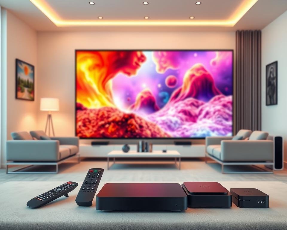 A high-quality, ultra-realistic digital illustration depicting the various aspects of a television service's content and quality. The foreground showcases a large screen displaying vibrant, lifelike imagery with exceptional clarity and color fidelity. In the middle ground, various remote controls, set-top boxes, and other peripheral devices are arranged, highlighting the user experience and technical capabilities. The background features a modern, minimalist living room setting with sleek furniture and warm lighting, creating a comfortable and inviting atmosphere. The overall composition conveys a sense of sophistication, attention to detail, and the seamless integration of technology into the home environment.