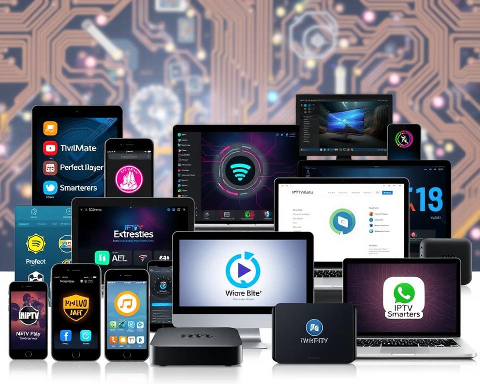 A high-resolution, detailed illustration of an assortment of popular IPTV apps and software displayed on various digital devices. The foreground features sleek, modern smartphones, tablets, and streaming boxes showcasing the user interfaces and logos of well-known IPTV apps such as TiviMate, Perfect Player, XCIPTV, and Smarters. The middle ground depicts laptops and desktops running IPTV management software like IPTV Smarters Pro and IPTV Extreme. The background is a soft, blurred technology-inspired environment with circuits, microchips, and digital patterns, creating a cohesive, high-tech ambiance. The lighting is clean, soft, and evenly distributed, highlighting the devices and software in a professional, inviting manner. The overall composition conveys the versatility and popularity of IPTV apps and software for various platforms and devices.