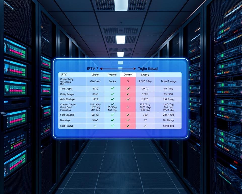 A high-resolution, panoramic view of a sleek and modern data center, featuring rows of server racks illuminated by soft, diffused lighting. In the foreground, a holographic display projects a side-by-side comparison of various IPTV service offerings, highlighting their channel lineups, content libraries, and pricing. The middle ground showcases an interactive interface where users can toggle between different providers, while the background depicts a network of interconnected cables and routers, symbolizing the infrastructure that powers these IPTV services. The overall scene conveys a sense of technological sophistication and the ability to make informed choices in the IPTV market.