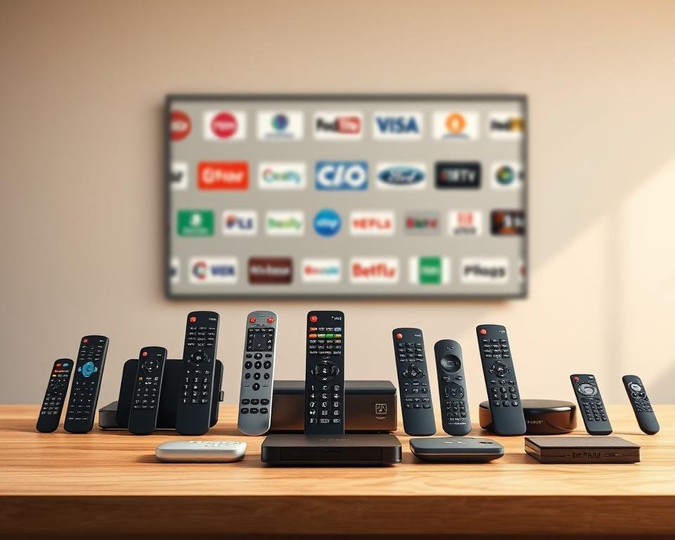 A high-resolution, photorealistic illustration showcasing different types of IPTV subscriptions available. In the foreground, a variety of remote controls and streaming devices, each representing a unique IPTV package, are neatly arranged on a minimalist, wood-grain surface. In the middle ground, a soft-focus array of IPTV provider logos and icons, hinting at the wide range of services. The background features a clean, neutral backdrop, allowing the products and services to take center stage. The lighting is warm and natural, creating a sense of simplicity and professionalism. The overall composition conveys the diverse options and flexibility of IPTV subscriptions in the Netherlands.