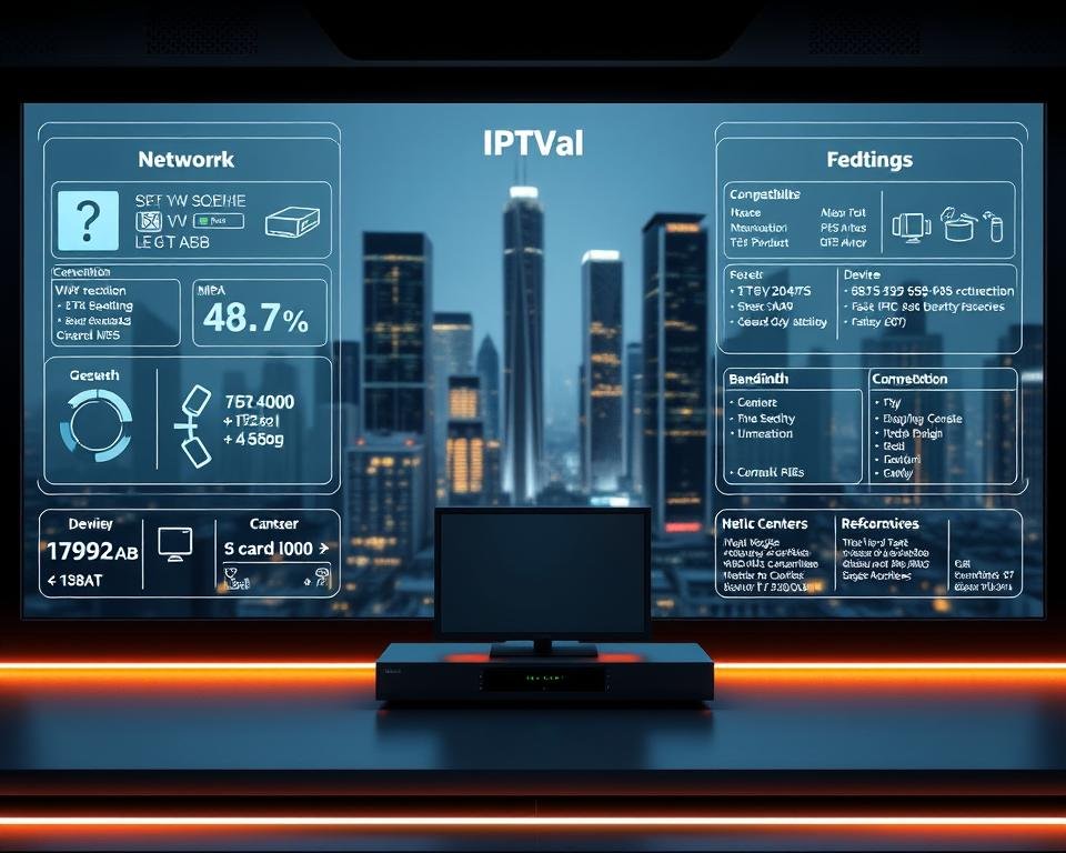 A high-tech, futuristic control panel displaying the technical requirements for an optimal IPTV experience. In the foreground, sleek digital displays showcase network connectivity, device compatibility, and bandwidth specifications. The middle ground features a minimalist 3D model of a modern home entertainment system, illuminated by subtle ambient lighting. In the background, a cityscape of towering skyscrapers and glowing data centers create a sense of technological advancement and urban sophistication. The overall composition conveys a sense of precision, efficiency, and the seamless integration of advanced media technology into the modern lifestyle.