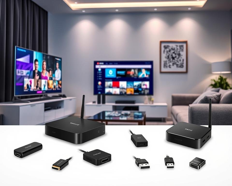 A high-tech living room setting with various devices for television streaming prominently displayed. In the foreground, a sleek, modern smart TV stands on an elegant media console, its screen depicting vibrant streaming content. Surrounding the TV, an array of streaming devices such as set-top boxes, HDMI dongles, and wireless adapters are neatly arranged, showcasing their compatibility. The middle ground features a plush, comfortable couch and a coffee table, creating a welcoming atmosphere for media consumption. In the background, subtle ambient lighting and a minimalist, contemporary wall decor enhance the modern, tech-savvy ambiance. The overall scene conveys the seamless integration of cutting-edge streaming technology into a stylish, comfortable living space.