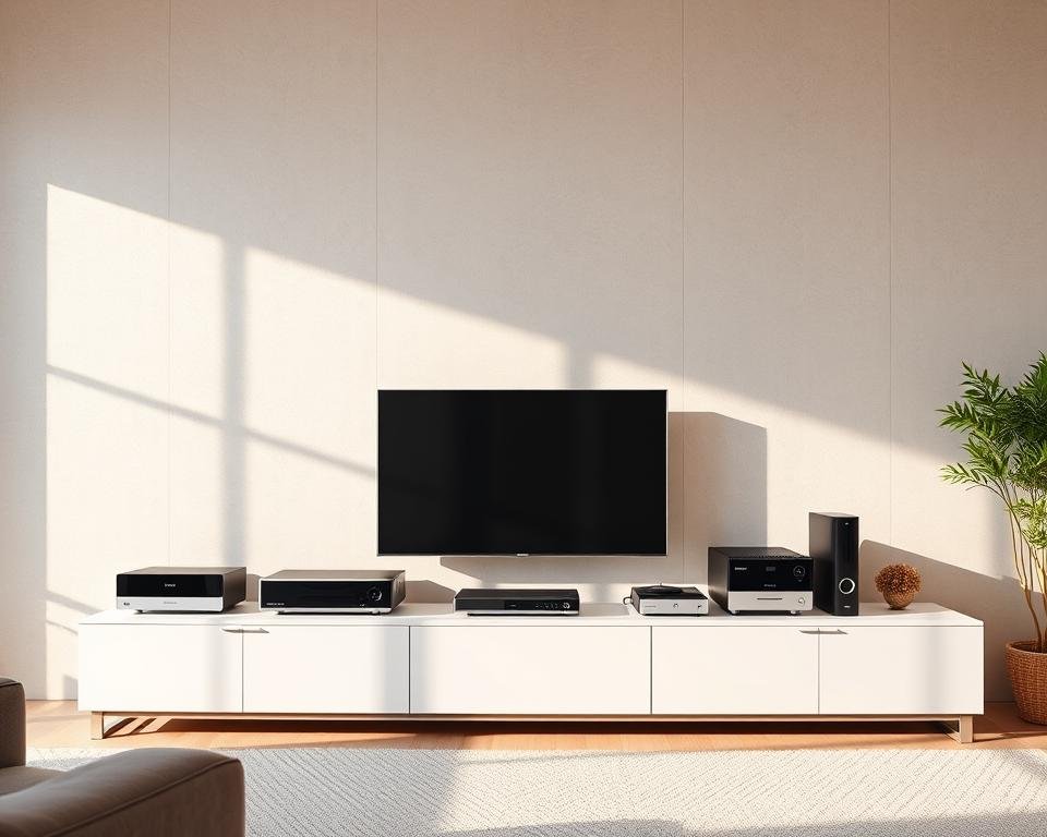 A high-tech living room with a variety of IPTV devices neatly arranged on a modern entertainment center. The devices are depicted in a clean, minimalist style, with sleek designs and subtle branding. The lighting is bright and natural, creating a sense of openness and connectivity. The background features a neutral-toned wall, accentuating the technological focus of the scene. The image conveys a sense of harmony and compatibility, reflecting the reliable and high-quality nature of the IPTV solutions.