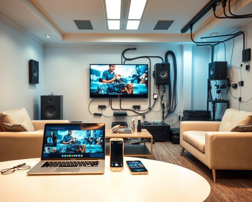 A high-tech room with sleek, modern furniture and equipment. In the foreground, a laptop and smartphone are prominently displayed, showcasing the latest mobile streaming technology. The middle ground features a large, high-definition screen mounted on the wall, displaying live video content. In the background, a complex network of cables, routers, and modems illustrates the necessary technical infrastructure for reliable IPTV streaming. Soft, indirect lighting creates a warm, inviting atmosphere, while the overall design conveys a sense of efficiency and sophistication. The scene captures the essence of the "Technische vereisten en internetverbinding" section, highlighting the hardware and connectivity requirements for seamless mobile IPTV viewing.