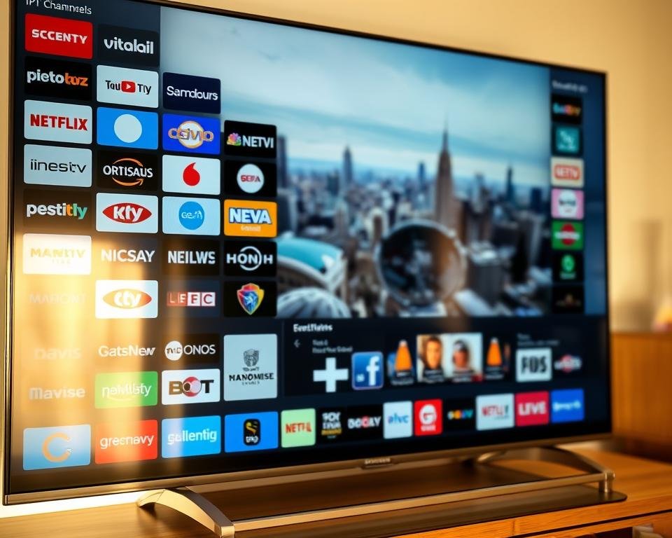A large and diverse selection of IPTV channels displayed on a sleek, modern smart TV screen. The foreground shows a grid of channel logos and thumbnails, ranging from popular entertainment and news networks to niche international and specialty channels. The middle ground features a dynamic, high-resolution video player showcasing engaging content. The background has a subtle, blurred cityscape or landscape, conveying a sense of global connectivity. The lighting is soft and natural, with warm tones that create a welcoming and immersive viewing experience. The overall composition and perspective give the impression of a comprehensive and user-friendly IPTV service.