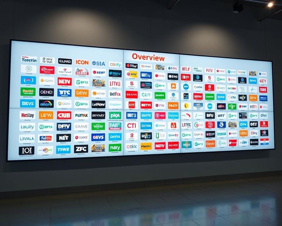 A large display board showing a comprehensive overview of numerous live television channels, with a sleek and modern design. The board features a grid layout, with each channel represented by a clear and vibrant icon or logo. The channels are organized by genre, such as news, sports, entertainment, and more, making it easy for the viewer to quickly find their desired content. The background is a clean, minimalist gray or white, allowing the channel information to be the focal point. Soft, diffused lighting illuminates the display, creating a professional and polished appearance. The entire scene conveys a sense of efficiency and practicality, catering to the needs of those seeking a vast selection of live television programming. A large display board showing a comprehensive overview of numerous live television channels, with a sleek and modern design. The board features a grid layout, with each channel represented by a clear and vibrant icon or logo. The channels are organized by genre, such as news, sports, entertainment, and more, making it easy for the viewer to quickly find their desired content. The background is a clean, minimalist gray or white, allowing the channel information to be the focal point. Soft, diffused lighting illuminates the display, creating a professional and polished appearance. The entire scene conveys a sense of efficiency and practicality, catering to the needs of those seeking a vast selection of live television programming.
