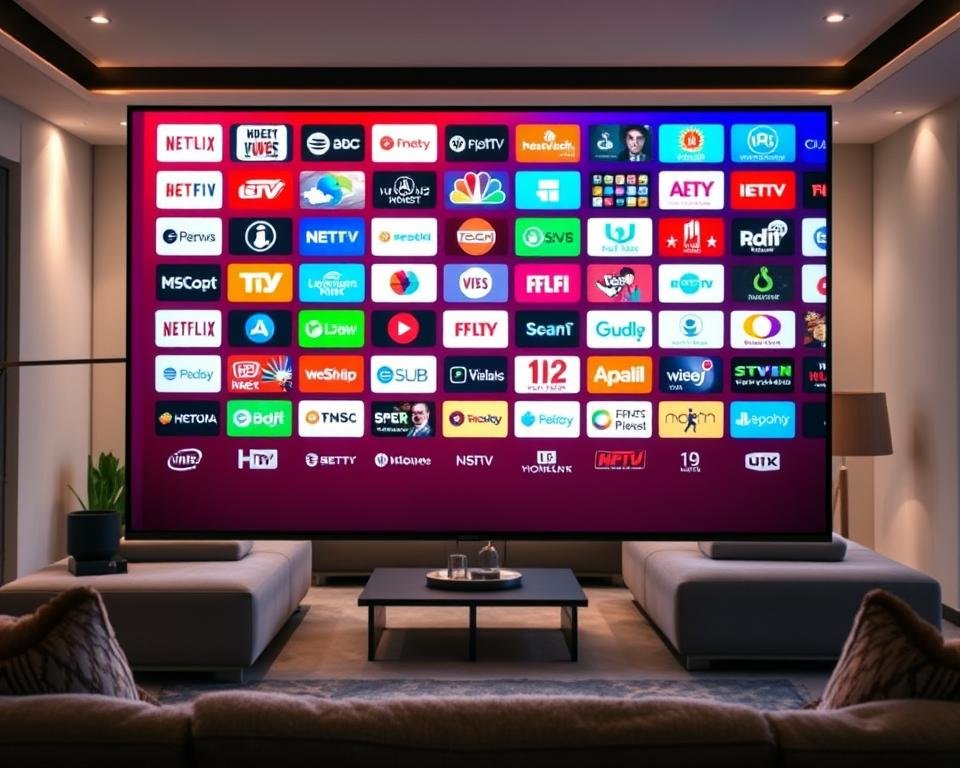 A large, modern television set stands in the foreground, displaying a vibrant and diverse array of channels and content options. The screen is filled with a grid-like interface, showcasing various logos and thumbnails representing the extensive library of IPTV offerings. In the middle ground, a cozy living room setting with plush furniture and warm lighting creates a comfortable, immersive viewing experience. The background features a sleek, minimalist interior design, with clean lines and neutral tones that complement the technological focus of the scene. The overall atmosphere conveys a sense of convenience, entertainment, and the wealth of content available through the IPTV platform. A large, modern television set stands in the foreground, displaying a vibrant and diverse array of channels and content options. The screen is filled with a grid-like interface, showcasing various logos and thumbnails representing the extensive library of IPTV offerings. In the middle ground, a cozy living room setting with plush furniture and warm lighting creates a comfortable, immersive viewing experience. The background features a sleek, minimalist interior design, with clean lines and neutral tones that complement the technological focus of the scene. The overall atmosphere conveys a sense of convenience, entertainment, and the wealth of content available through the IPTV platform.