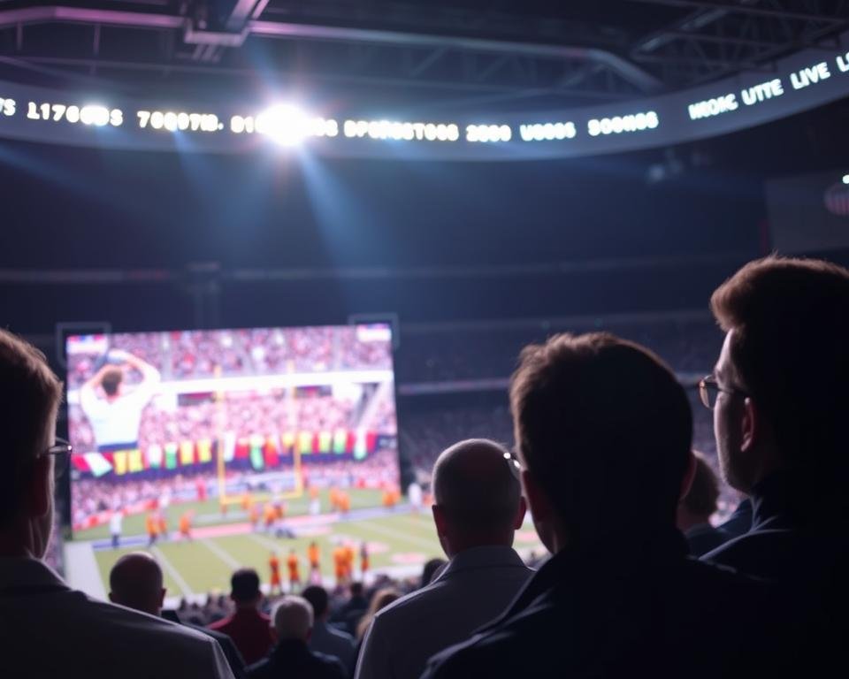 A live sporting event streaming on a large, high-definition screen. In the foreground, viewers watch intently, their faces lit by the glow of the screen. The middle ground features colorful sports uniforms and fans cheering. In the background, a dimly lit arena or stadium setting, with spotlights illuminating the action on the field. The lighting is dramatic, with deep shadows and highlights, creating a sense of energy and excitement. The camera angle is slightly elevated, offering a cinematic perspective on the scene. The overall mood is one of anticipation and engagement, reflecting the thrill of watching a live sports broadcast.
