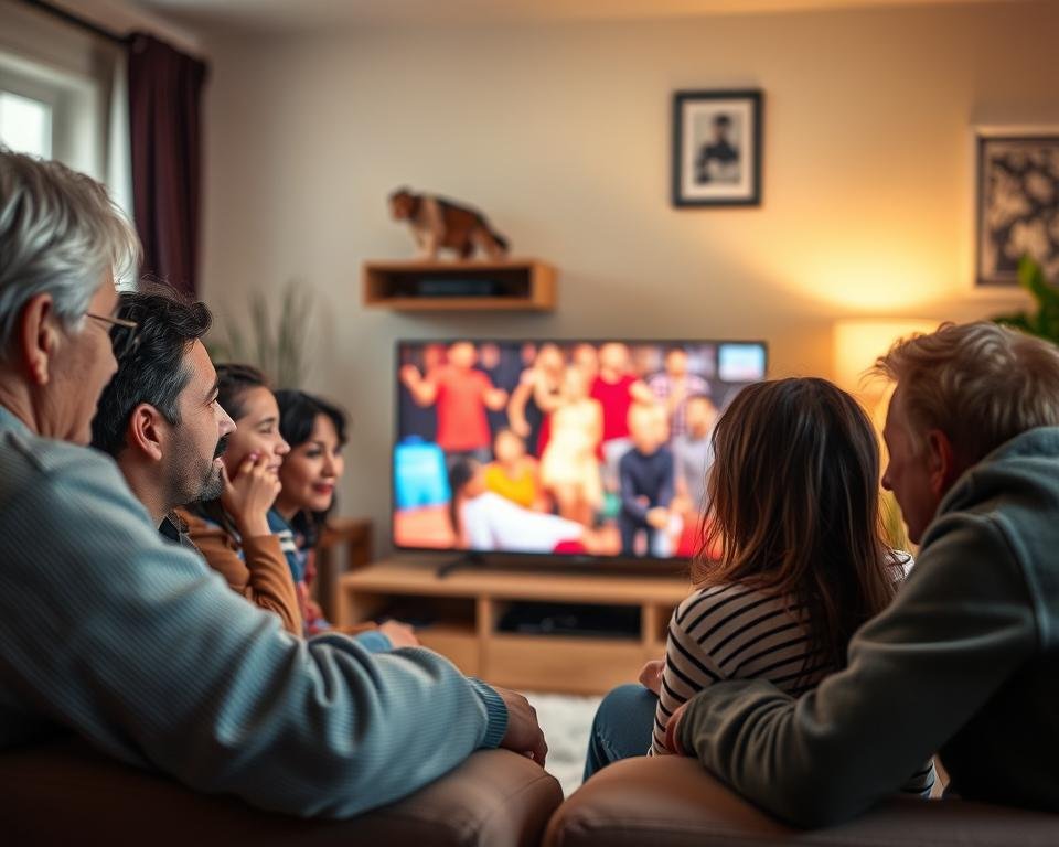 A living room scene with a family gathered around a modern television set, engaged in lively discussions about their viewing experiences. The foreground features an array of facial expressions conveying a range of emotions - delight, contemplation, and occasional disagreement. The middle ground showcases the television, its screen glowing with vibrant colors and captivating content. In the background, a cozy, well-lit interior sets the stage, hinting at the comfort and familiarity of the domestic setting. The lighting is warm and inviting, creating a sense of intimacy and shared experience. The overall atmosphere conveys the warmth and connection fostered by the shared television-viewing habits of the Dutch household.
