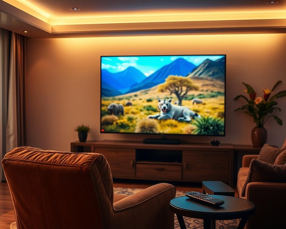 A living room setting with a large flat-screen television displaying a vivid, high-definition IPTV stream. The image is bathed in warm, diffused lighting, creating a cozy and immersive atmosphere. The television's screen shows a nature documentary, with sharp details, vibrant colors, and smooth motion. In the foreground, a comfortable armchair and a side table with a remote control, inviting the viewer to sit back and enjoy the IPTV experience. The background features a tastefully decorated interior with neutral tones, complementing the television's display. The overall scene conveys a sense of quality, reliability, and customer satisfaction with the IPTV service.